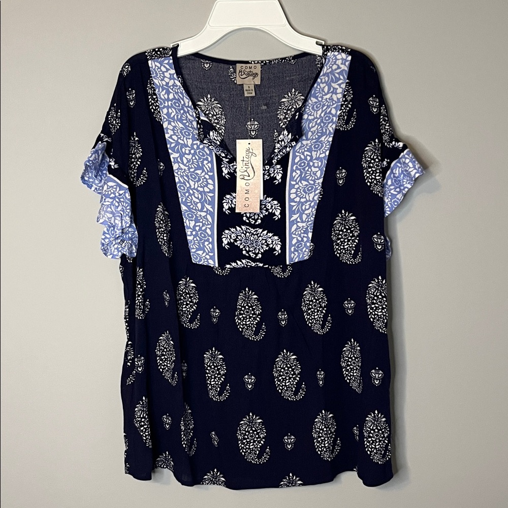 NEW Navy Blue Paisley Blouse with Ruffle Sleeves Women’s Small